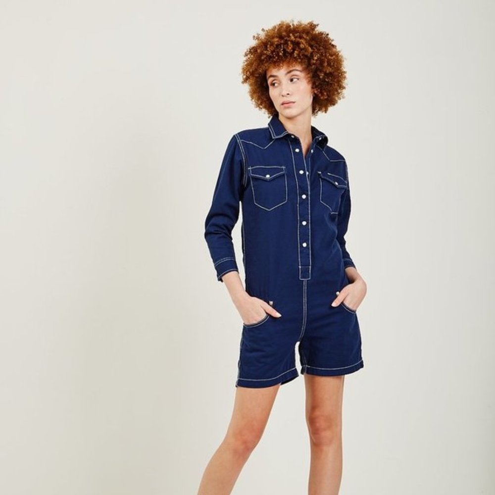 DENIMIST dark wash button down cowboy romper used M Designer RARE